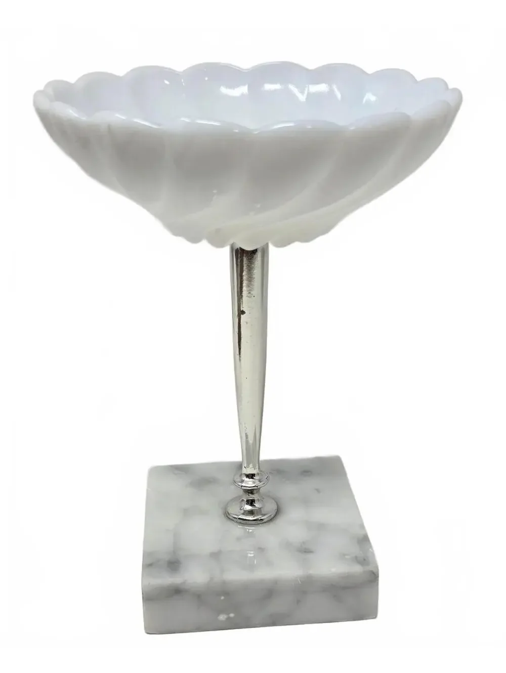 White Milk Glass Pedestal Dish with Marble Base | Scalloped Compote